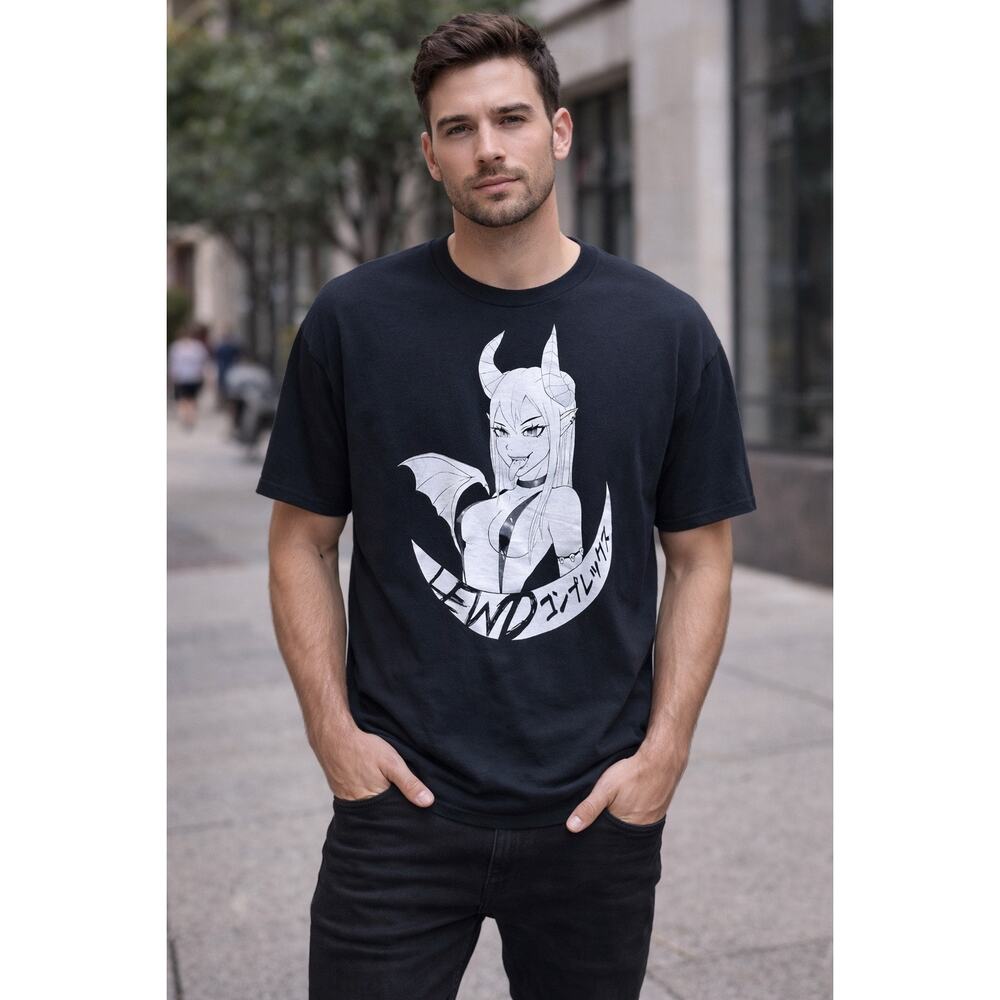 Lewd Complex Demon Girl Anime Graphic Tee Cotton Black Size L Streetwear Unisex